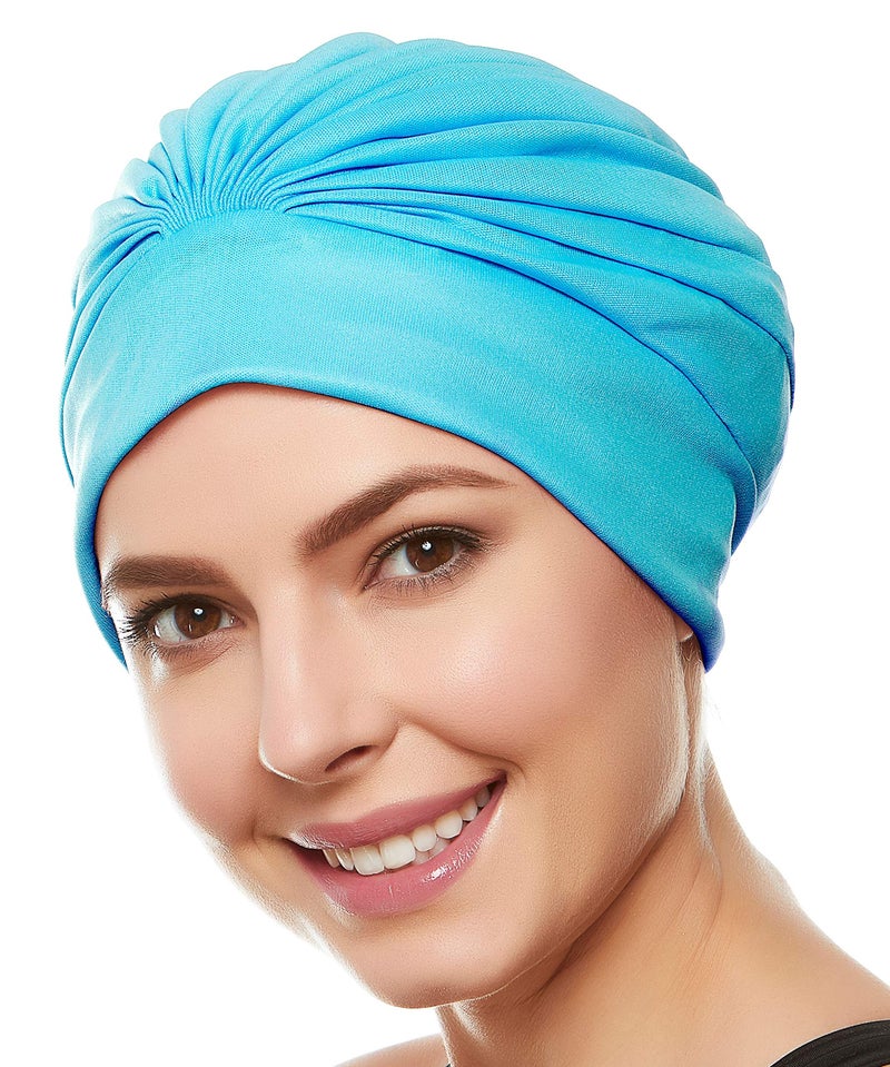 Beemo Swim Caps for Women Swimming Turban Polyester Latex Lined Pleated for Ladies - Turquise - Image 1